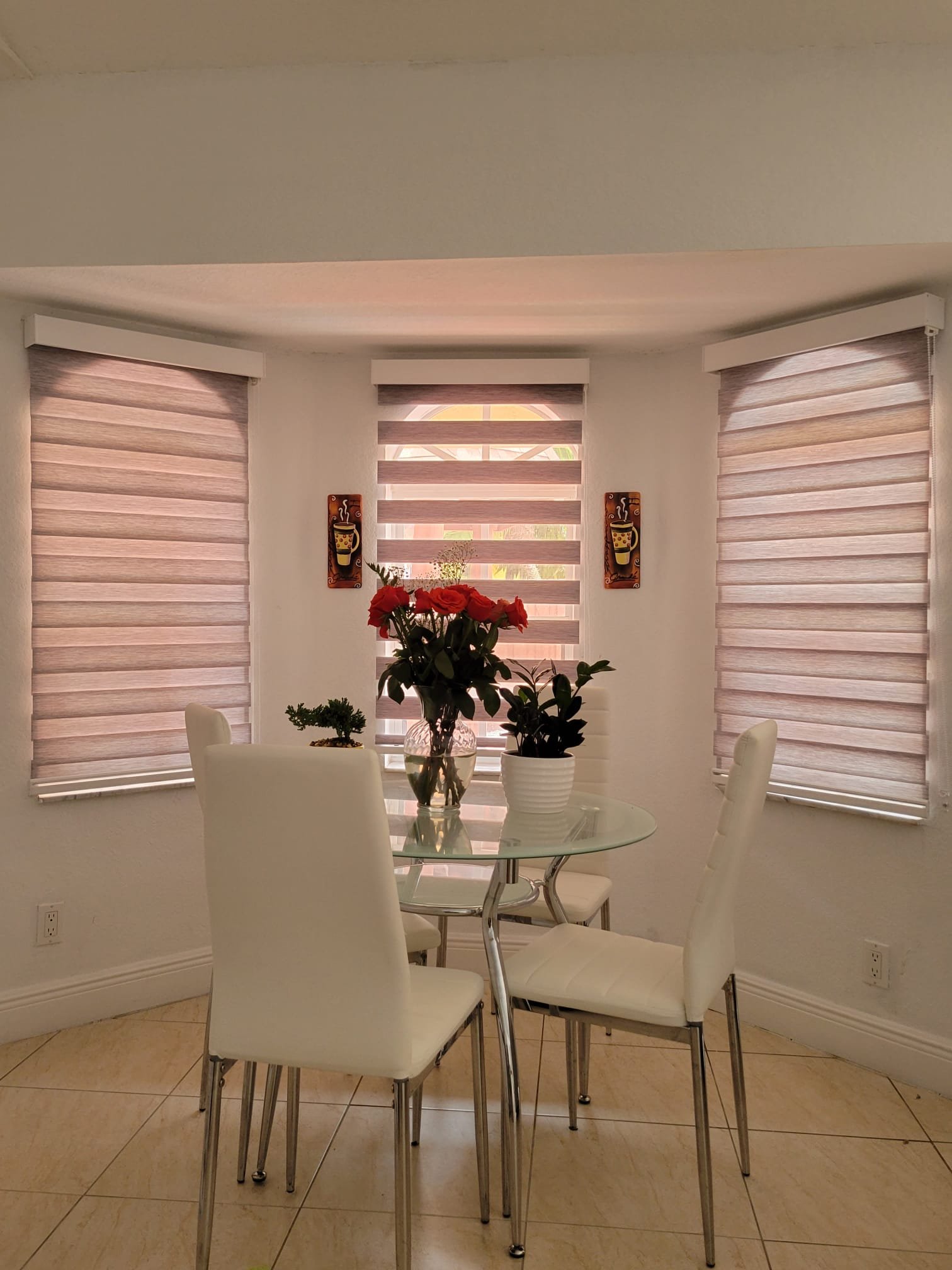 Modern zebra shades dining area by SOL BLINDS
